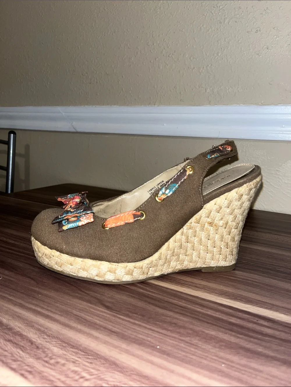 Xhileration Brown Espadrille Wedge Slingback with Floral Bow Accent